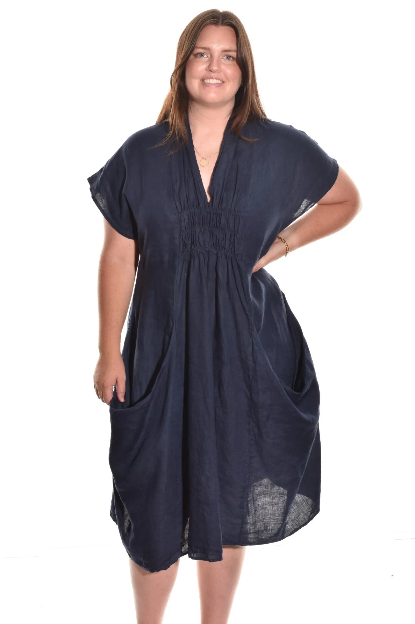 Luna Luz. Shawl Collar Dress. In Navy And Black.